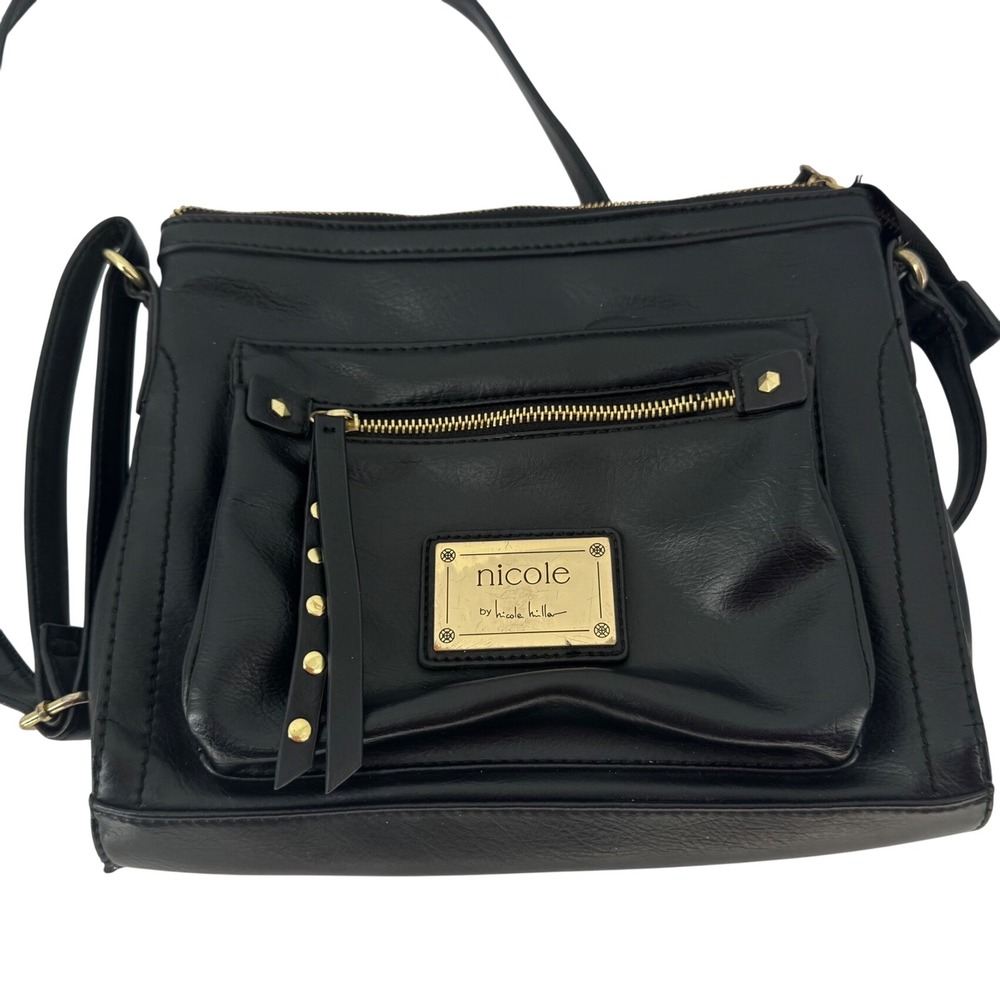 Nicole by Nicole Miller Women Crossbody Bag Black Gold Studded Faux Leather